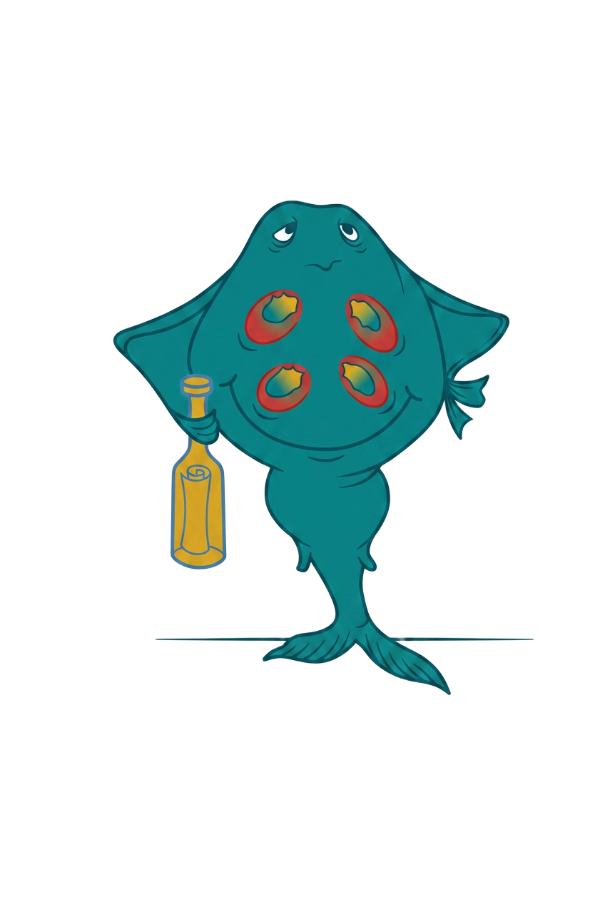 Il Pottino — pesce antropomorfo con bottiglia, mascotte del Buonumore